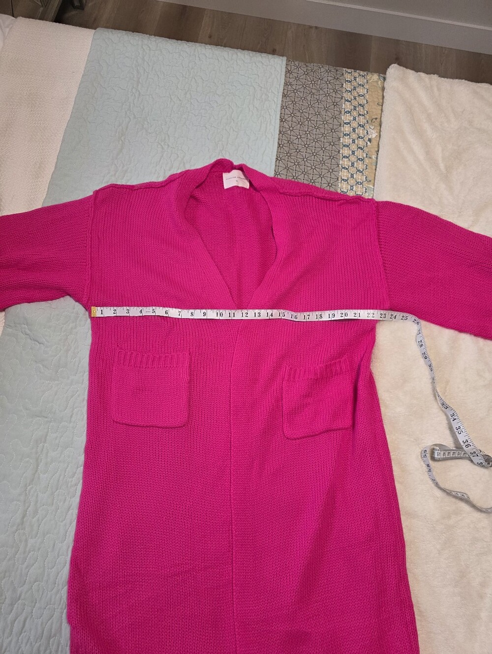 Bright Pink Open-Front Knit Cardigan with Patch Pockets
